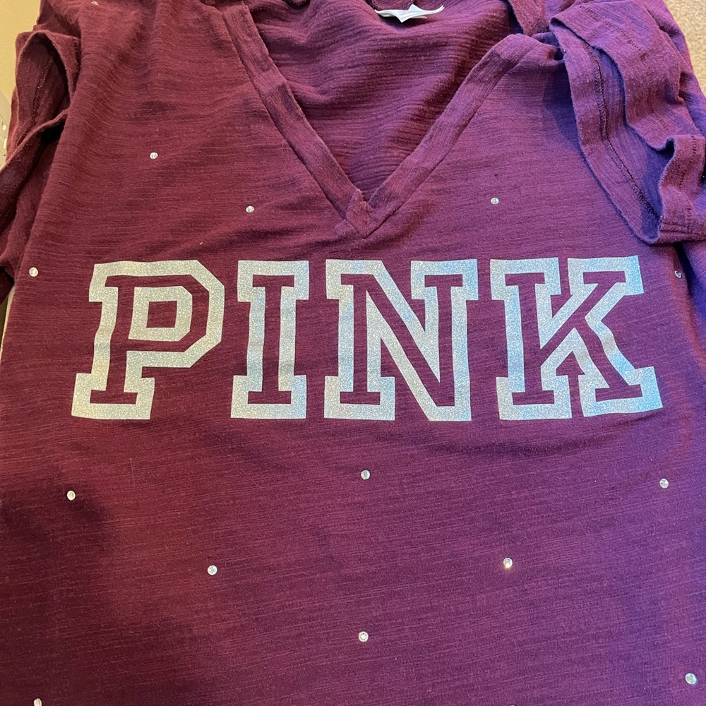 PINK Victoria's Secret Burgundy Tee with Silver Rhinestone Accents - Picture 4 of 6
